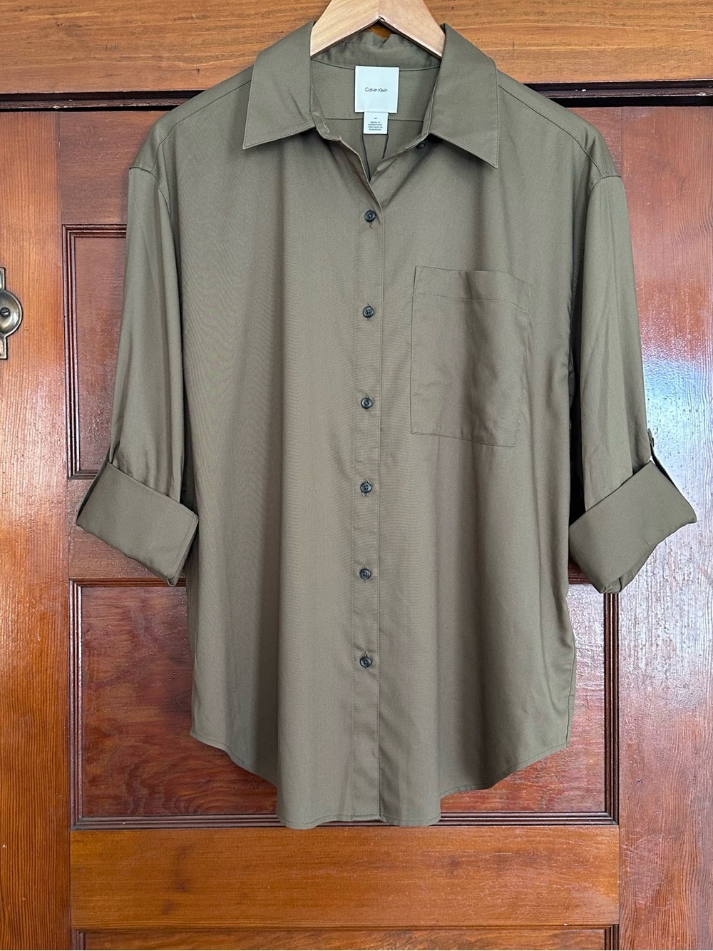 New Calvin Klein Utility Roll Tab Button Down Shirt Medium Olive Green Classic